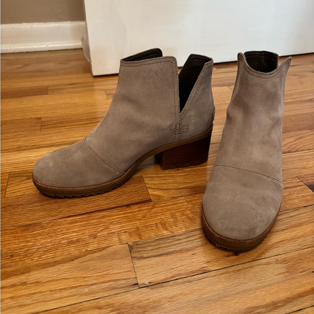 Sorel Taupe Suede Ankle Boots with Block Heel
